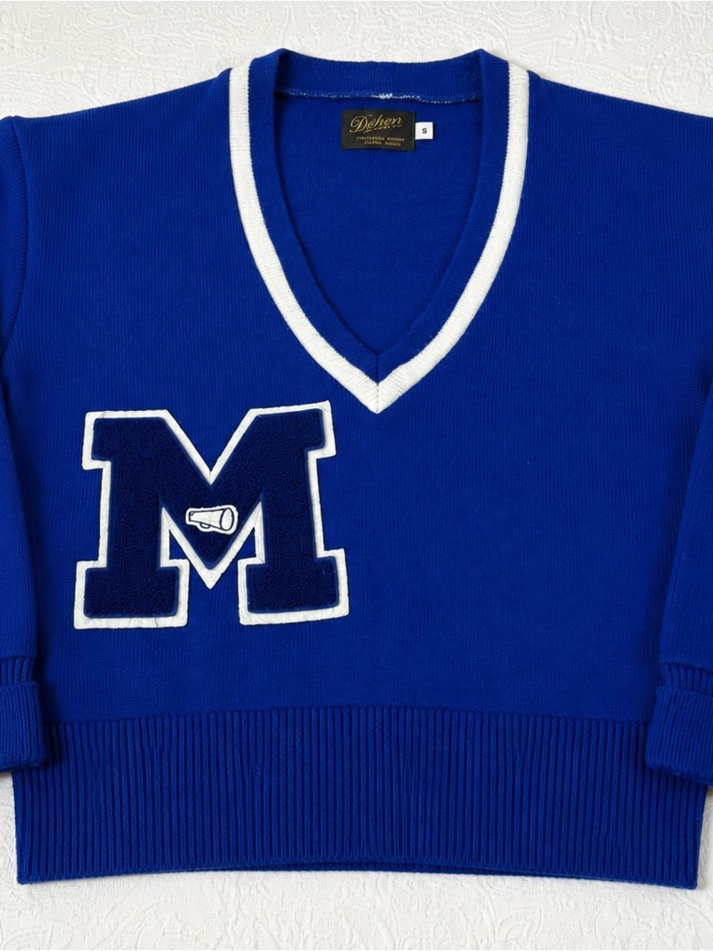 Vintage Dehen Knitting Royal Blue V-Neck Sweater with White Trim and 'M' Patch